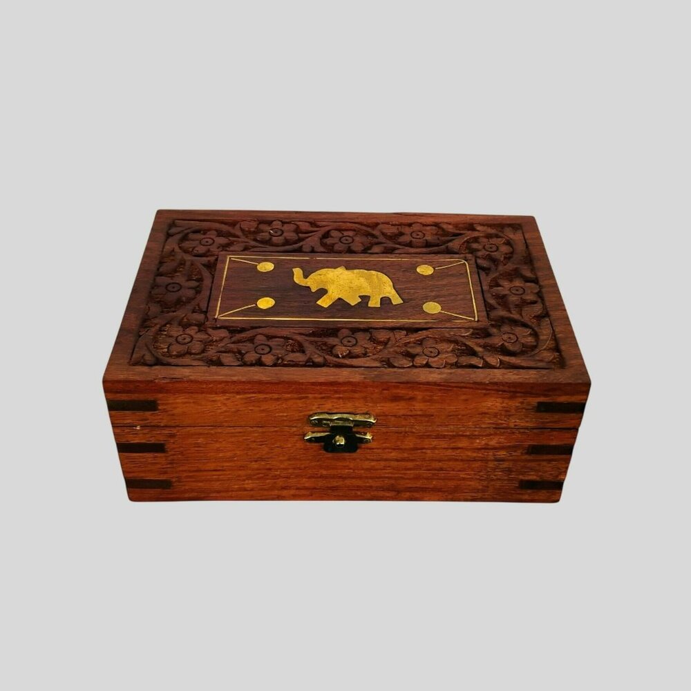 Hand-Carved Wooden Jewelry Box With Brass Elephant Inlay & Red Velvet Lining